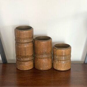 Vintage brown hand-carved wooden candle holders - set of 3